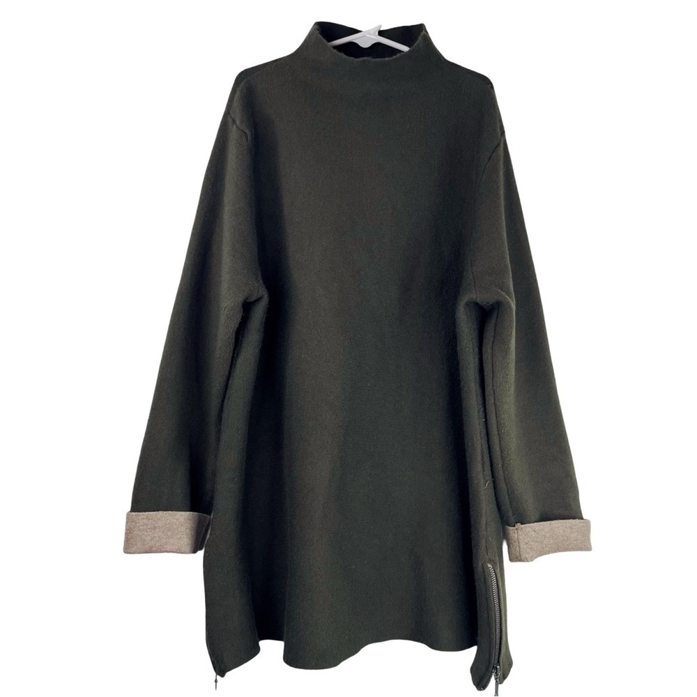 TAHARI Girls Kids Olive Green, Long Turtleneck Tunic w Folded Tan Wrist Cuff L